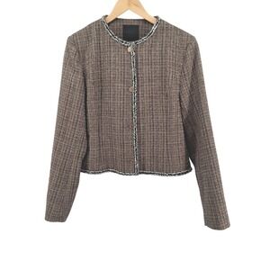 Mina Self Coffee Brown Metallic Tweed Bouclé Blazer Size XL Fringe Gold Buttons‎